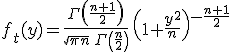 f_t(y) = \frac{\Gamma\left(\frac{n+1}{2}\right)}{\sqrt{\pi n} \, \Gamma\left(\frac{n}{2}\right)}\, \left(1+\frac{y^2}{n}\right)^{-\frac{n+1}{2}}